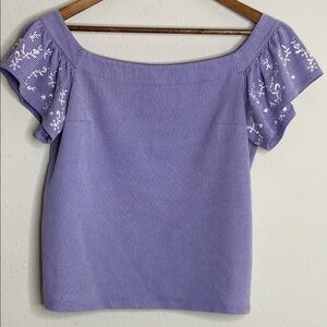 Express Women's Size M Purple Shirt with White Stripes and Floral Sleeves